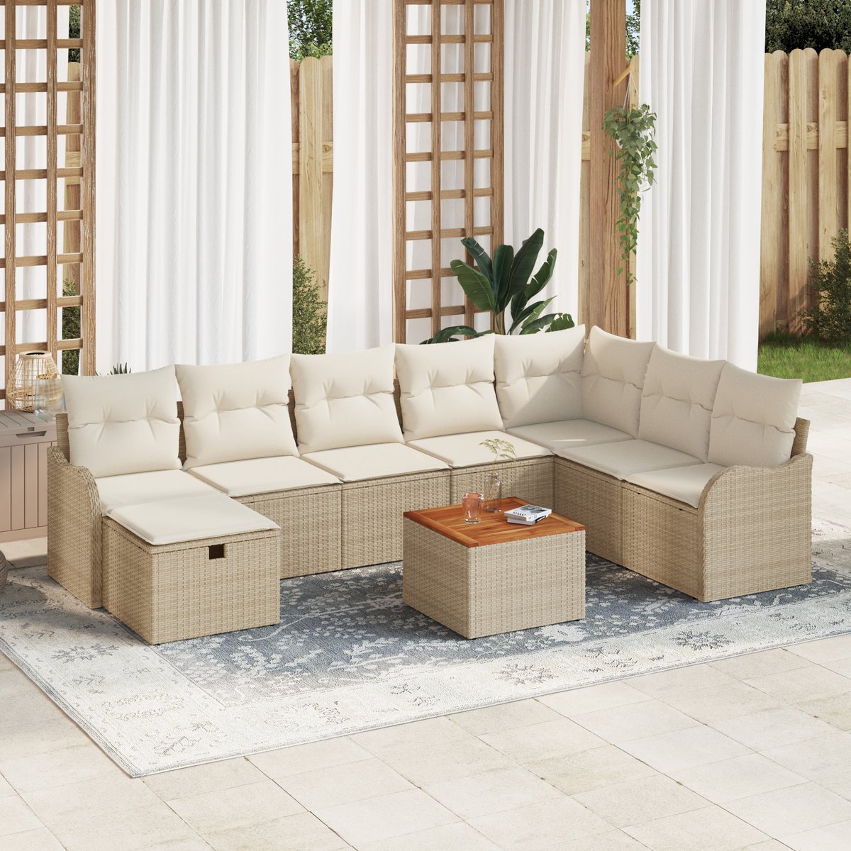 vidaXL - Tuinbank - Set - met - kussen - met - opslag - 9 - pcs - Beige - poly - rattan