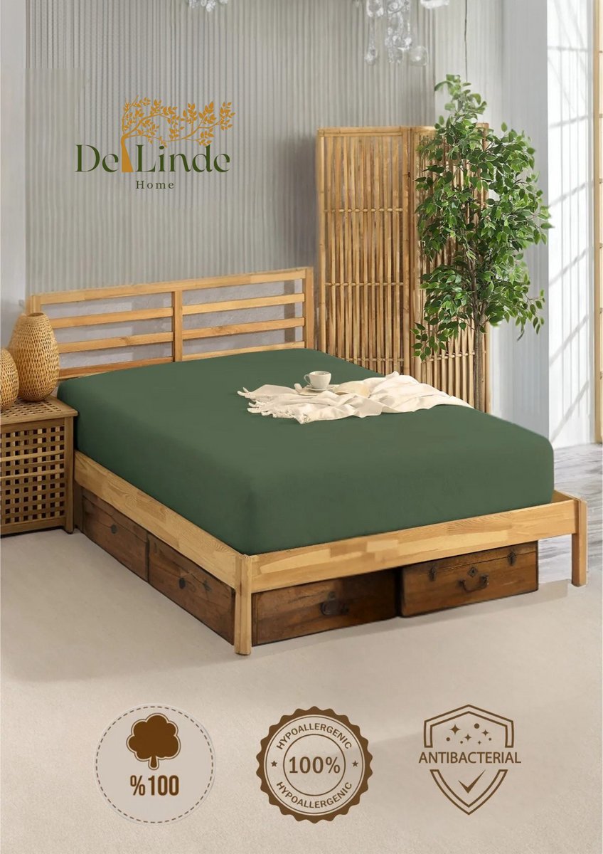 Hoeslaken – 100% Katoen – De Linde – Soft-Hoeslaken – Groen – 200x200 cm – Tweepersoons – Zacht & Ademend – Elastische Hoeken tot 35 cm – Rondom elastiek – Hoekhoogte tot 35cm – Hypoallergeen – Duurzaam – Perfecte Pasvorm