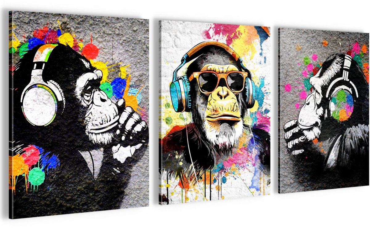 Ibenzoa Moderne Muurschilderingen Aap Banksy Style Graffiti Set, Compleet en Klaar voor Elke Ruimte aap met koptelefoon