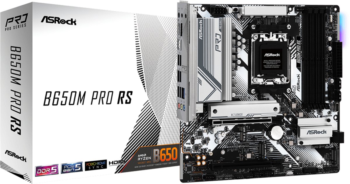ASRock B650M Pro RS - Moederbord Micro-ATX - Socket AM5 - AMD B650 - 4x DDR5 - Realtek RTL8125BG - Windows 11 - zwart wit