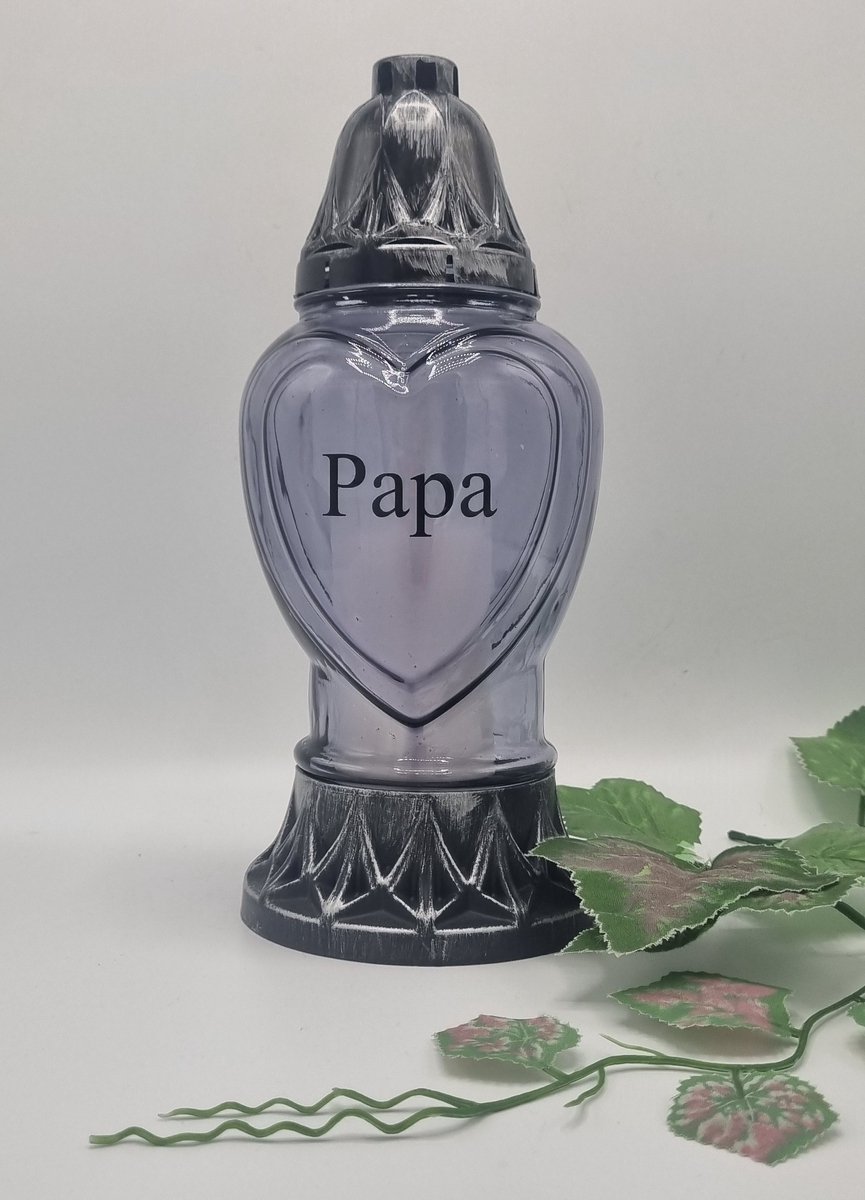 Herdenkingslicht - Papa - P39a - Zilver - Grijs glas - Grafkaars - Graflicht - Graflantaarn - Windlicht