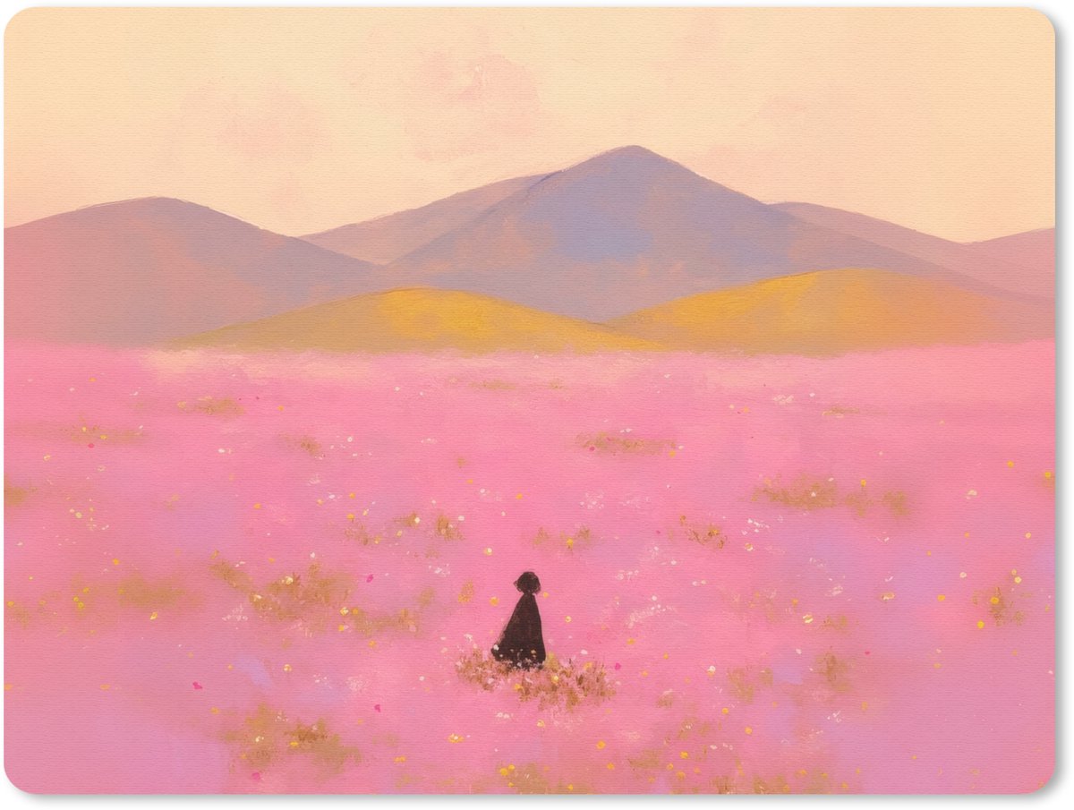 Muismat 23x19 cm - Mousepad Bloemenweide - Heuvels - Silhouet - Roze - Muismatten