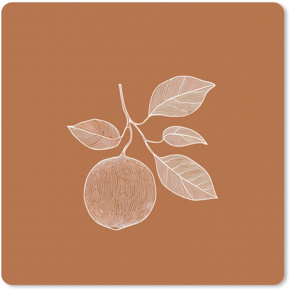 Muismat 20x20 cm - Mousepad Sinaasappel - Getekend - Bladeren - Bruin - Muismatten