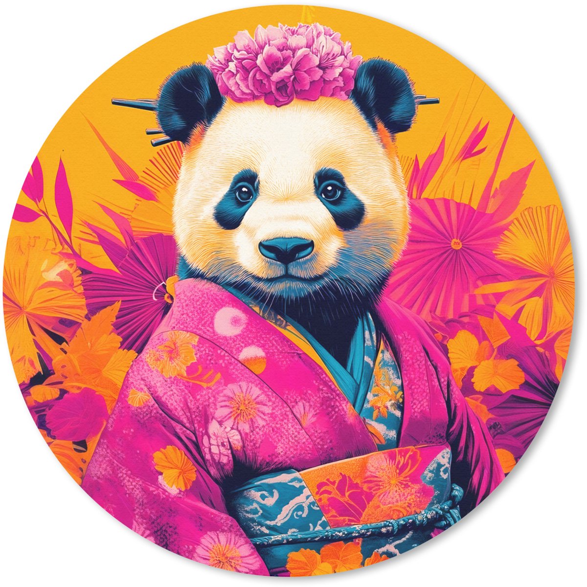 Muismat rond 30x30 cm - Mousepad Kimono - Roze - Panda - Bloemenkroon - Ronde muismatten