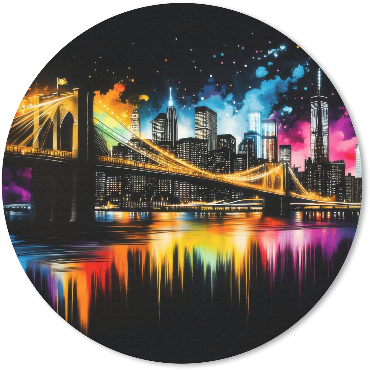 Muismat rond 40x40 cm - Mousepad Skyline - Brug - Verlichting - Kleuren - Ronde muismatten