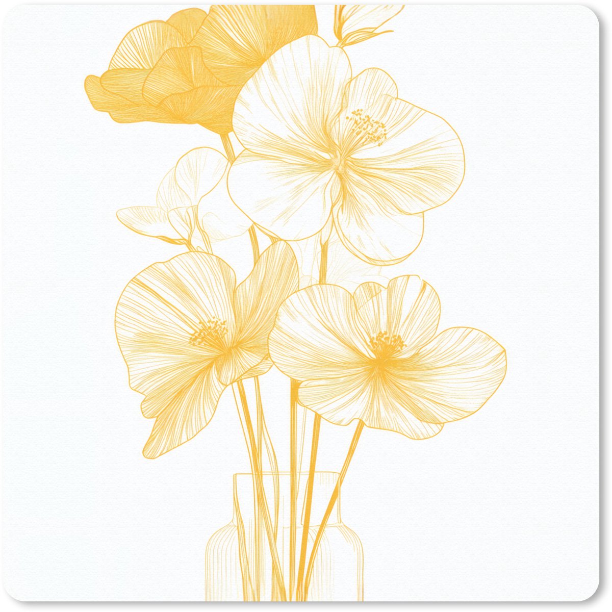 Muismat 20x20 cm - Mousepad Lijntekening - Bloemen - Geel - Vaas - Muismatten