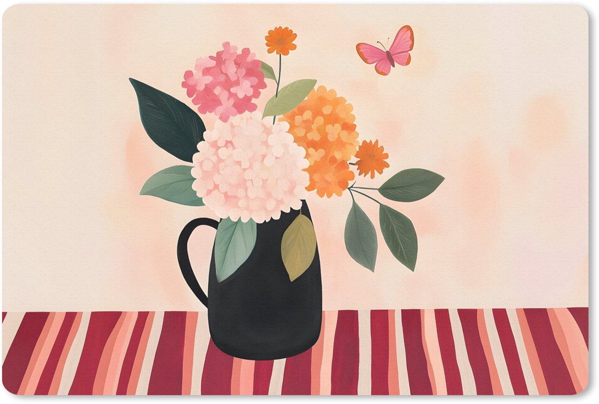 Muismat 27x18 cm - Mousepad Vaas - Bloemen - Vlinder - Rood - Muismatten