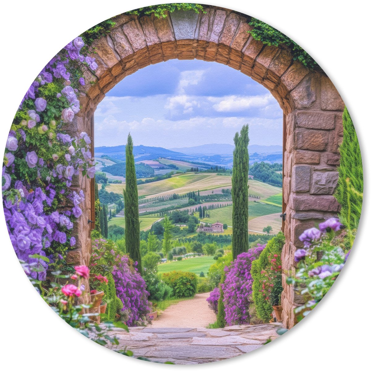 Muismat rond 20x20 cm - Mousepad Doorkijk - Toscane - Landschap - Poort - Ronde muismatten