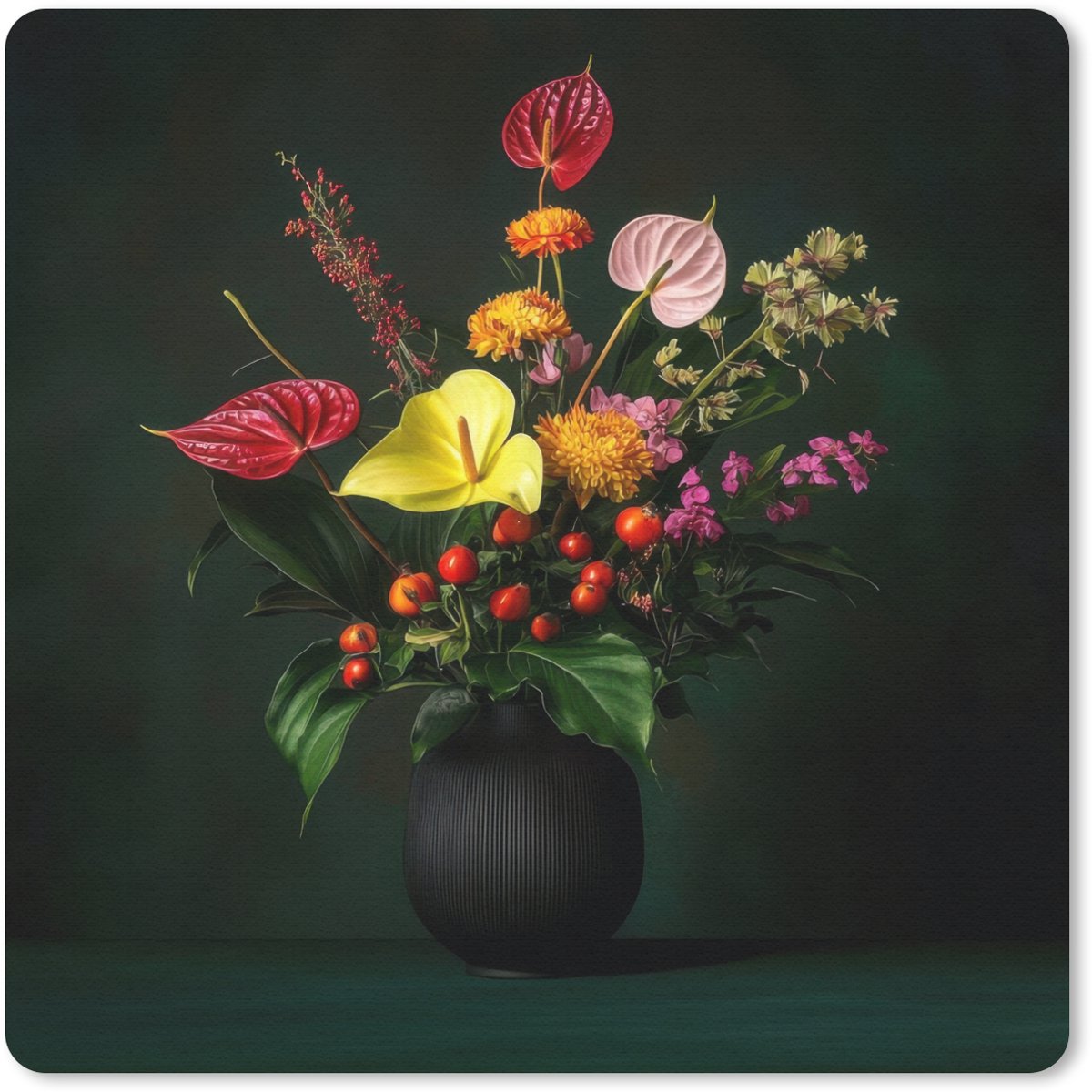 Muismat 30x30 cm - Mousepad Bloemen - Vaas - Zwart - Muismatten