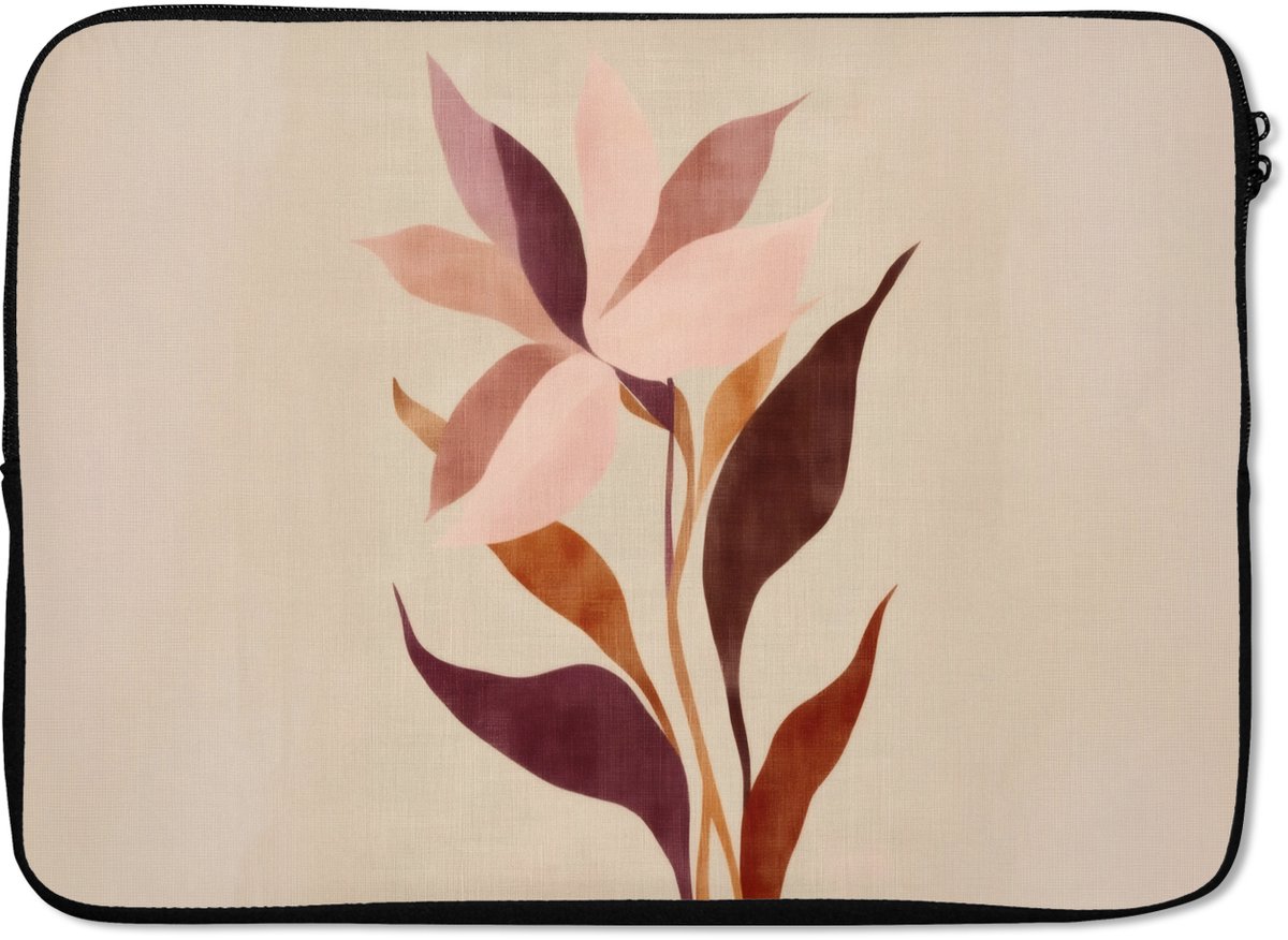 Laptophoes 13 inch - Bloemen - Blaadjes - Minimalistisch - Roze - Laptop sleeve - Binnenmaat 32x22,5 cm - Zwarte achterkant