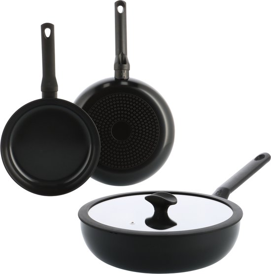 Ensemble de poêles BK Enjoy - Poêle 24/28 cm - Wok avec couvercle 28 cm - Sans PFAS - Noir - Poignées refroidissantes - Résistant au four jusqu'à 160°