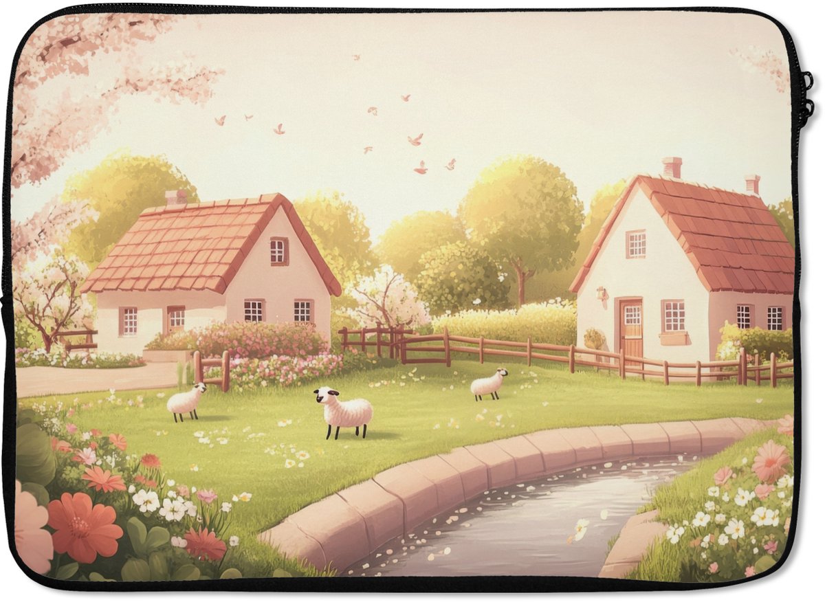 Laptophoes 13 inch - Schapen - Huisje - Platteland - Laptop sleeve - Binnenmaat 32x22,5 cm - Zwarte achterkant