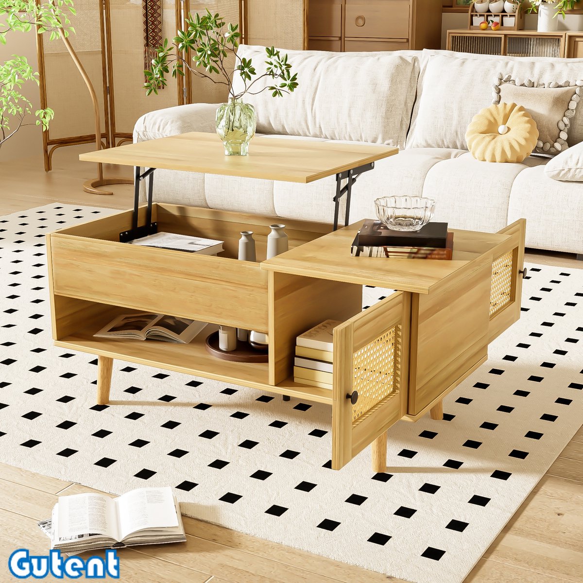 Gutent Salontafel - Opklapbaar tafelblad - Rotan deur - Ruw hout met zwarte accenten - Opbergruimte Houtkleur