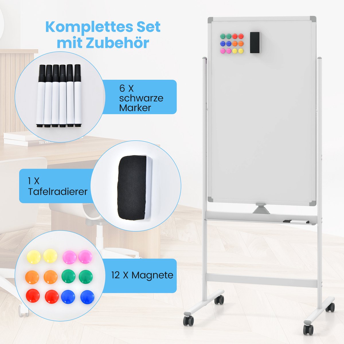 COSTWAY Dubbelzijdig mobiel whiteboard, 60 x 100 cm, in hoogte verstelbaar magnetisch whiteboard met wieltjes, standaard en pennenbakje, incl. accessoires voor school, kantoor, thuis (wit) thumbnail 2