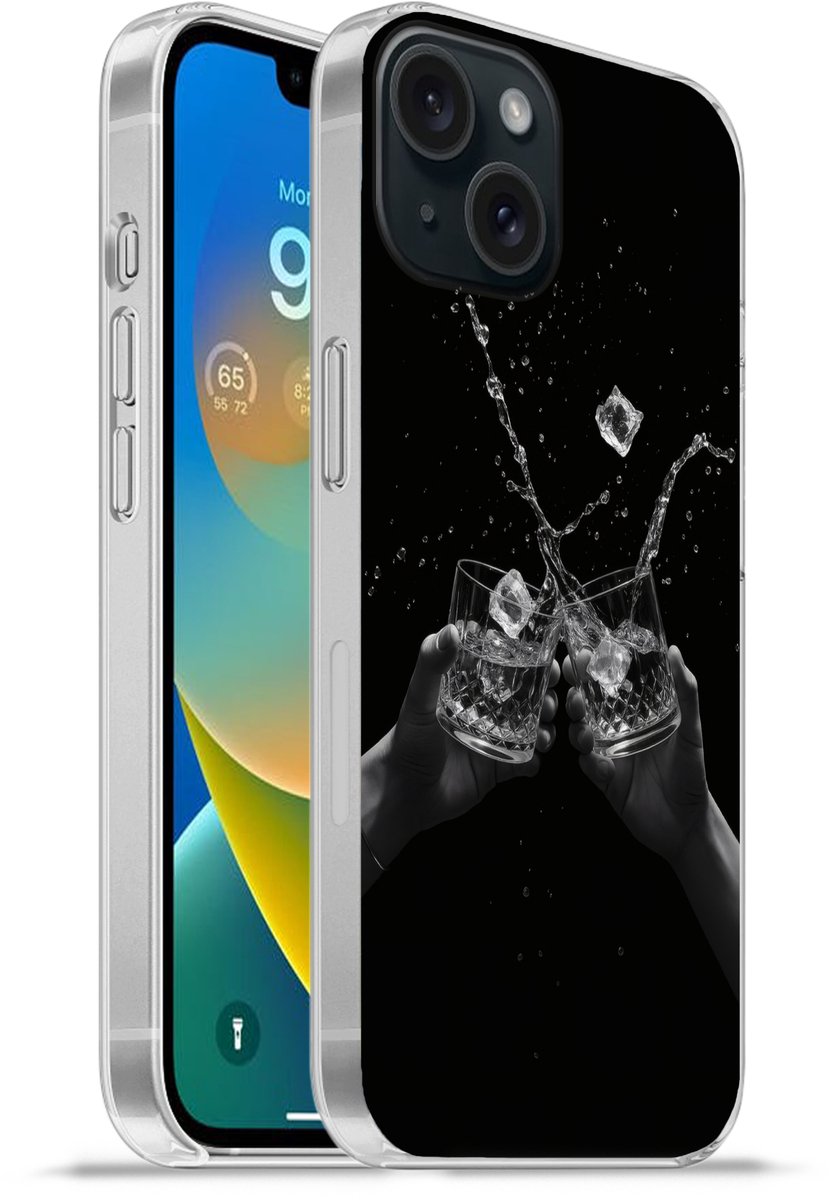 Telefoonhoesje Geschikt voor iPhone 15 hoesje - Whiskyglazen - Ijs - Spetters - Zwart - Siliconen Telefoonhoesje Telefoonhoesje