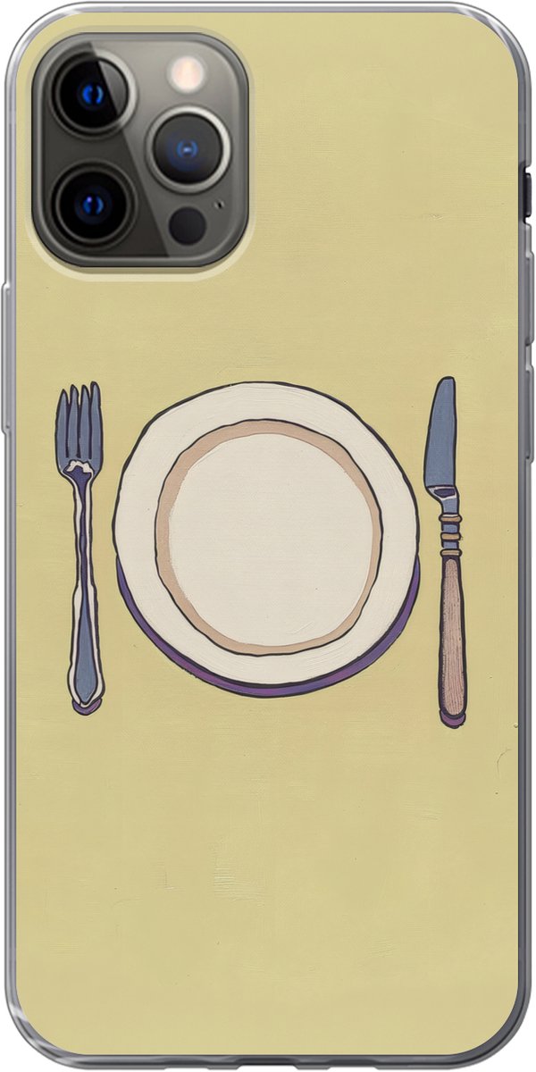 Telefoonhoesje Geschikt voor iPhone 12 Pro hoesje - Illustratie - Bord - Bestek - Beige - Siliconen Telefoonhoesje Telefoonhoesje