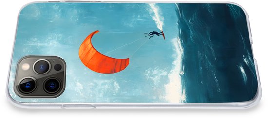 Telefoonhoesje Geschikt voor iPhone 12 Pro hoesje - Kitesurfer - Oranje - Zee - Lucht - Siliconen Telefoonhoesje Telefoonhoesje