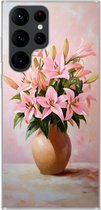 Telefoonhoesje Geschikt voor Samsung Galaxy S22 Ultra hoesje - Vaas - Bloemen - Roze - Siliconen Telefoonhoesje Telefoonhoesje