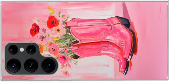 Telefoonhoesje Geschikt voor Samsung Galaxy S22 Ultra hoesje - Roze - Bloemen - Cowboy - Siliconen Telefoonhoesje Telefoonhoesje