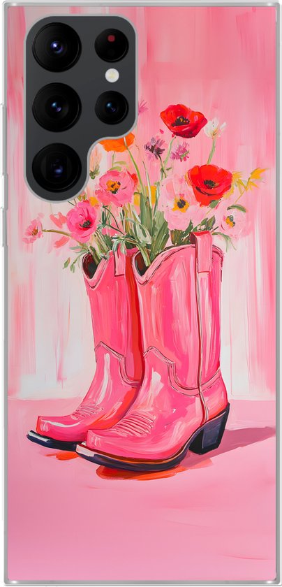 Telefoonhoesje Geschikt voor Samsung Galaxy S22 Ultra hoesje - Roze - Bloemen - Cowboy - Siliconen Telefoonhoesje Telefoonhoesje