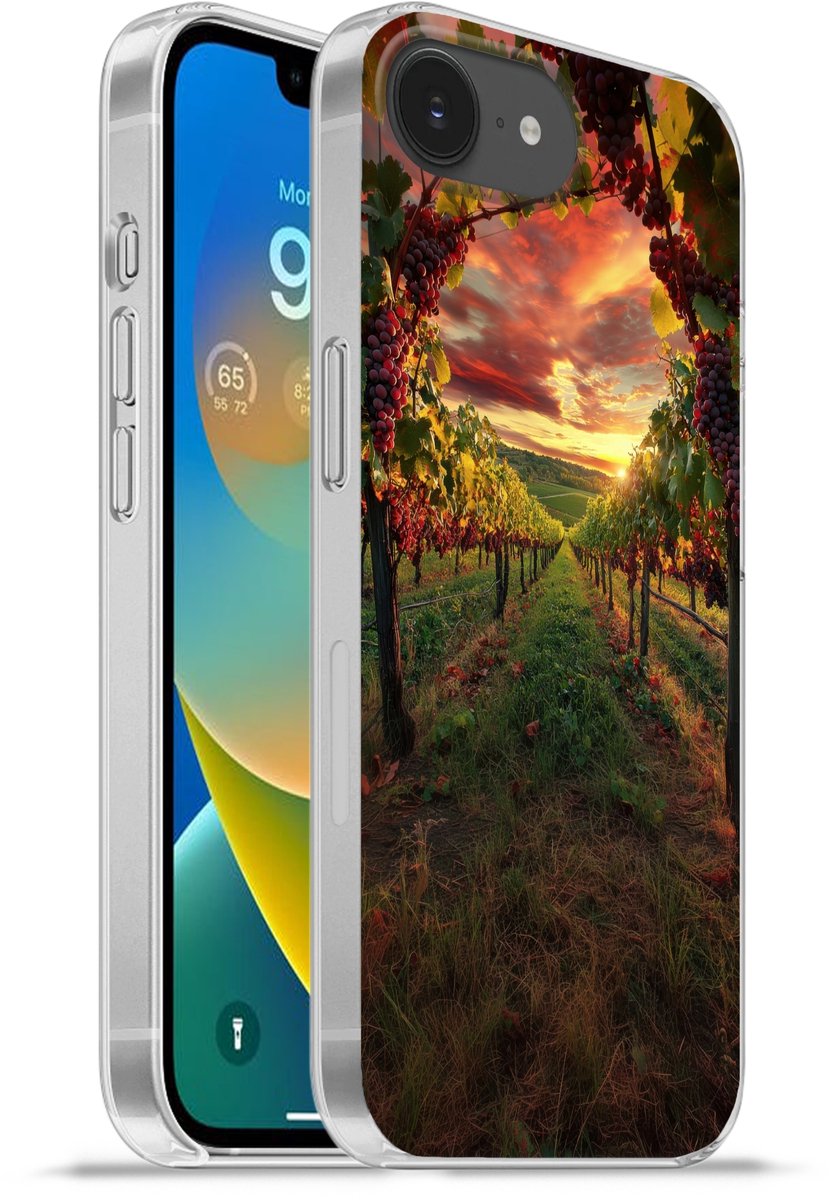Telefoonhoesje Geschikt voor iPhone 16e hoesje - Wijngaard - Druiven - Zonsondergang - Siliconen Telefoonhoesje Telefoonhoesje
