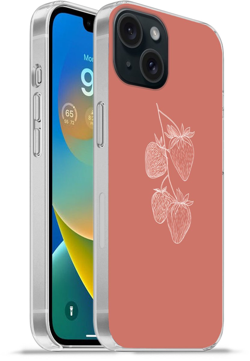 Telefoonhoesje Geschikt voor iPhone 15 hoesje - Minimalistisch - Illustratie - Aardbei - Tak - Siliconen Telefoonhoesje Telefoonhoesje