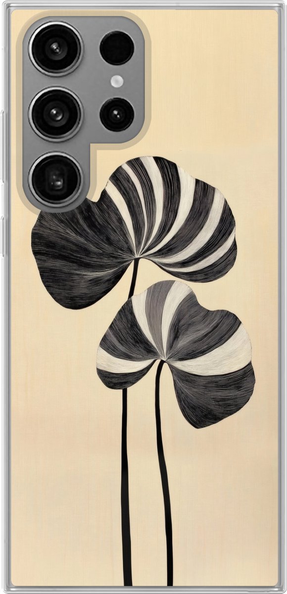 Telefoonhoesje Geschikt voor Samsung Galaxy S23 Ultra hoesje - Zwart - Bladeren - Strepen - Minimalistisch - Siliconen Telefoonhoesje Telefoonhoesje