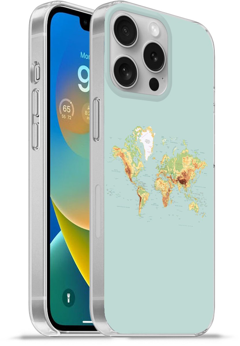 Telefoonhoesje Geschikt voor Apple Iphone 16 Pro hoesje - Wereldkaart - Realistisch - Blauw - Siliconen Telefoonhoesje Telefoonhoesje