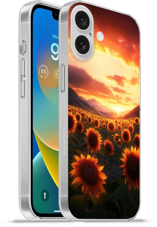 Telefoonhoesje Geschikt voor Apple Iphone 16 hoesje - Zonnebloemen - Zonsondergang - Landschap - Siliconen Telefoonhoesje Telefoonhoesje