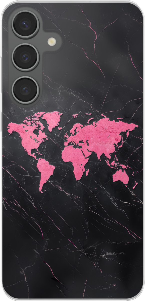 Telefoonhoesje Geschikt voor Samsung Galaxy S24 Plus hoesje - Wereldkaart - Roze - Marmer print - Siliconen Telefoonhoesje Telefoonhoesje