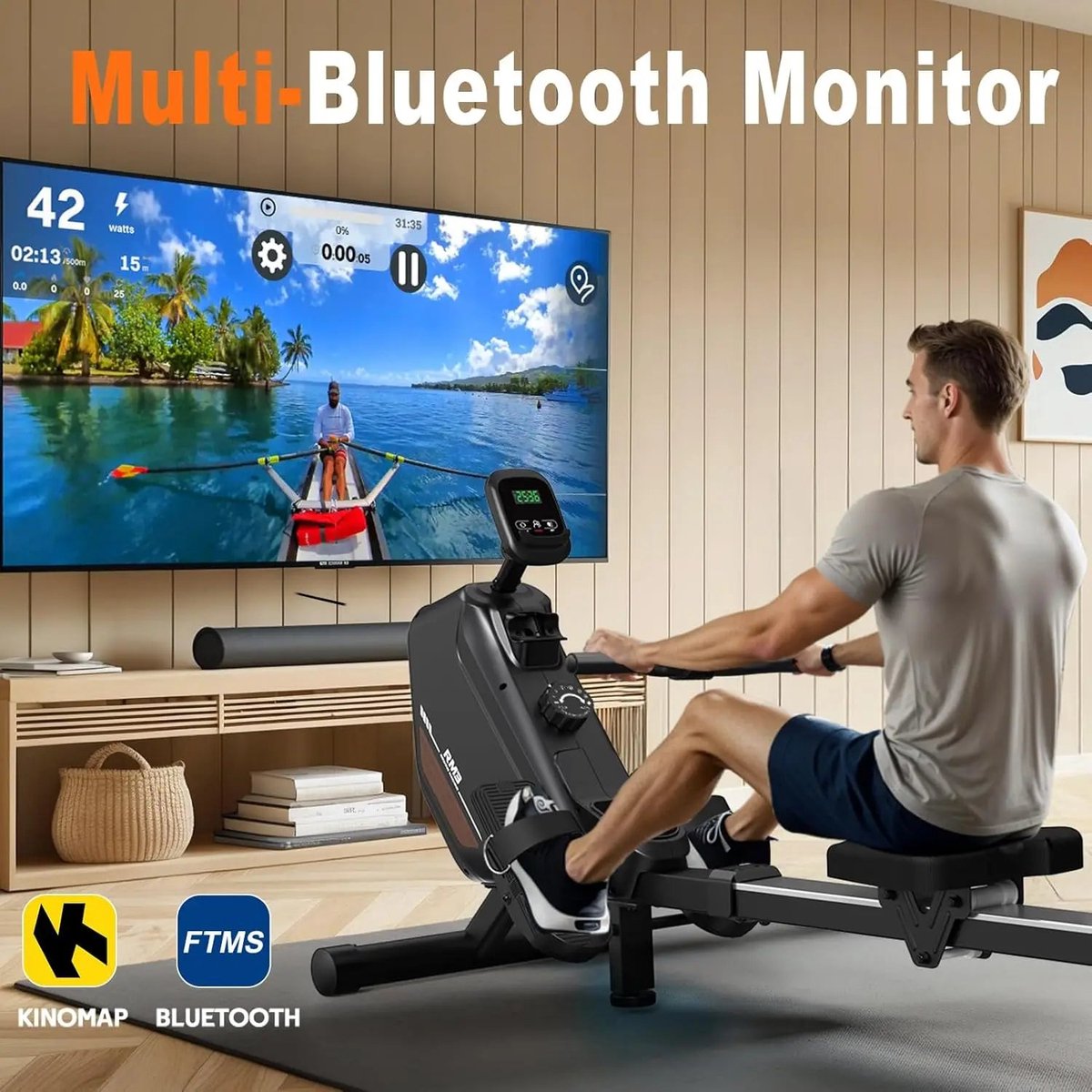 Afbeelding 3 van Roeimachine - Magnetische Roeitrainer - Roeiapparaat - Opvouwbare - met 16 Weerstandsniveaus - Bluetooth Connectie - LCD Display - 300N Weerstand - Max 150kg - Ergonomisch Ontwerp - Stil en Compact - Grijs