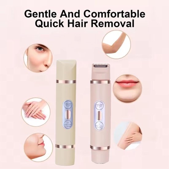 Beige en roze ladyshave met twee opzetstukken. Getoond met beelden van gladde huid op gezicht, armen en benen.