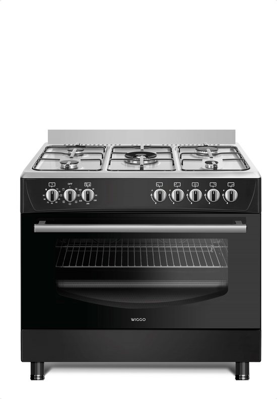 Wiggo WO-E903B(BX) - Gasfornuis - 5 Kookzones - 5 Ovenstanden - Wokbrander - Timer - 5 Jaar Garantie - Zwart Rvs