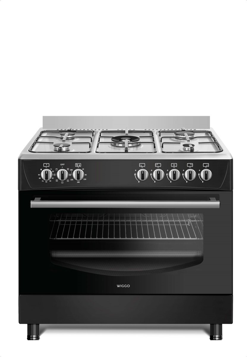 Bol.com Wiggo WO-E903B(BX) - Gasfornuis - 5 Kookzones - 5 Ovenstanden - Wokbrander - Timer - 5 Jaar Garantie - Zwart Rvs aanbieding