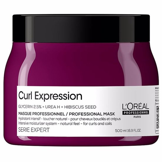 Pot violet L'Oréal avec le logo 'Curl Expression'. Pour cheveux bouclés et crépus.