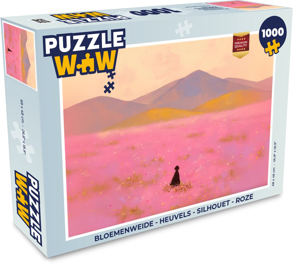 Puzzel Bloemenweide - Heuvels - Silhouet - Roze - Legpuzzel - Puzzel 1000 stukjes volwassenen