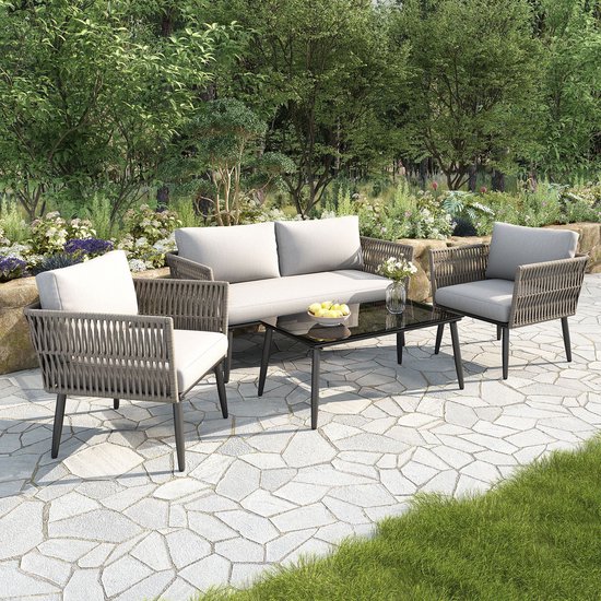 Tuin loungeset - 2 zits bank + 2 fauteuils + salontafel - Geweven PE koord - Glazen tafelblad + gegalvaniseerd staal - Kussens - Grijs