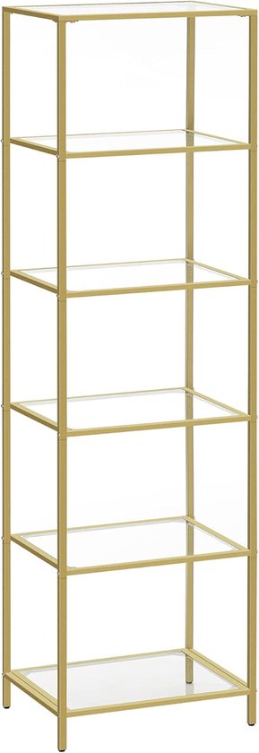 Conway Living - Vitrinekast - Vitrinekast met glas - Badkamerkast - Badkamerrek - Opbergrek -Glazen planken - Goud - 6 niveaus