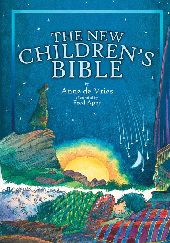 Boek 'The New Children's Bible' met een slapend kind op de voorgrond en een figuur op een rots onder een nachtelijke hemel met vallende sterren.