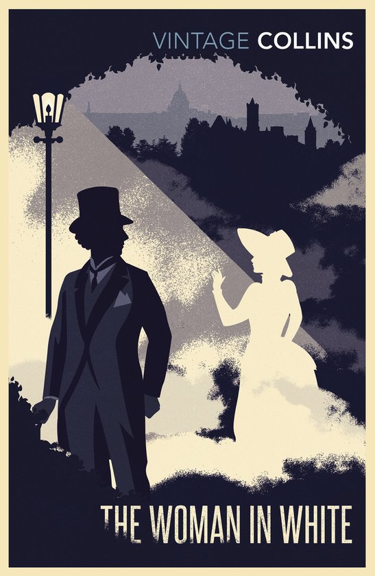 Illustratie: Een man in een hoge hoed en jas, verlicht door een lantarenpaal, kijkt naar een silhouet van een vrouw in een witte jurk. Titel: THE WOMAN IN WHITE.