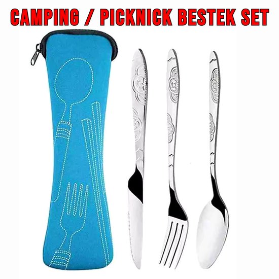 Foto: Rvs reisbestekset 3 delig lepel vork steakmes met wasbare etui picknick camping draagbaar bestek blauw