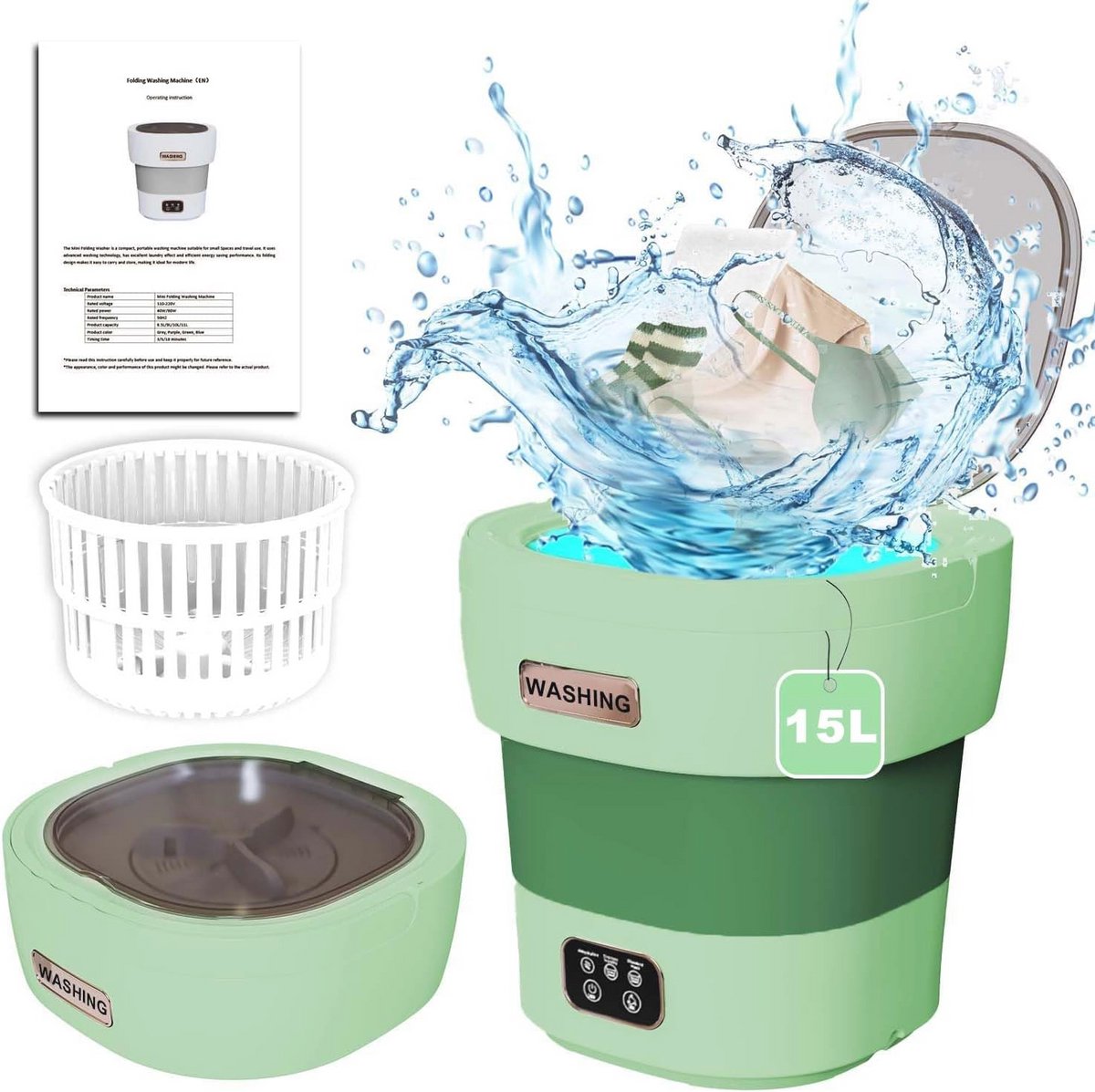 Mini Campingwasmachine 15L - Mobiele 2-in-1 Wasmachine met Droger voor Reis en Camping