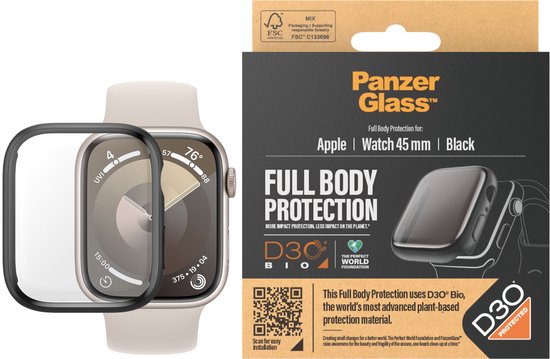 PanzerGlass Screenprotector geschikt voor Apple Watch - 45 mm Glazen | PanzerGlass Full Body Protector - Case Friendly - Zwart