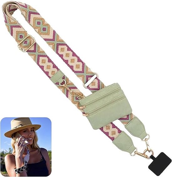 Sangle de téléphone portable avec pochette zippée - Sangle à clip pour téléphone avec portefeuille - Bandoulière - Bandoulière de sac - Vert