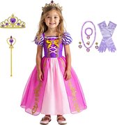 Joya Kids® Roze Prinsessenjurk meisje Korte Mouw | Verkleedjurken meisjes | Prinses jurk Meisje Roze en Paars | Met Kroon, Toverstaf, Handschoenen en Sieraden | Maat 140