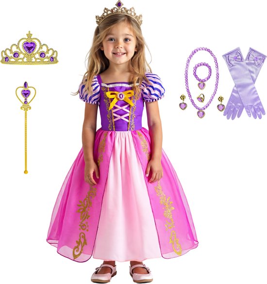 Joya Kids® Roze Prinsessenjurk meisje Korte Mouw | Verkleedjurken meisjes | Prinses jurk Meisje Roze en Paars | Met Kroon, Toverstaf, Handschoenen en Sieraden | Maat 140