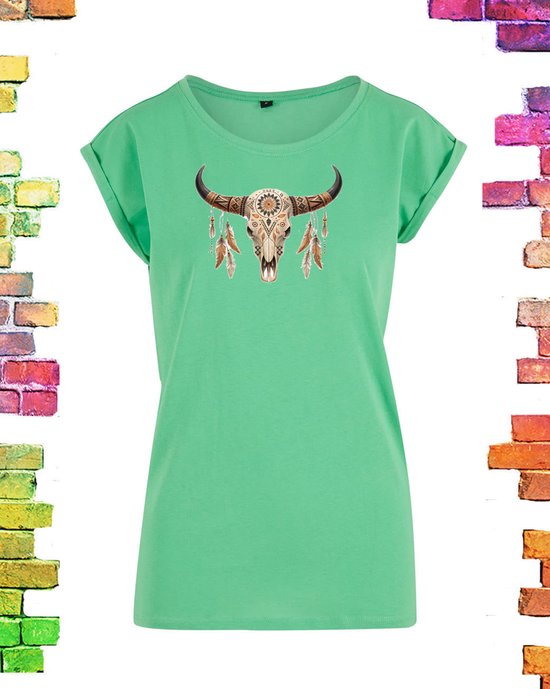 Boho Ibizastijl shirt met print Skull bruin | Mintgroen/ 4XL (50-52)
