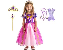 Joya Kids® Roze Prinsessenjurk meisje Korte Mouw | Verkleedjurken meisjes | Prinses jurk Meisje Roze en Paars | Met Kroon, Toverstaf, Handschoenen en Sieraden | Maat 150