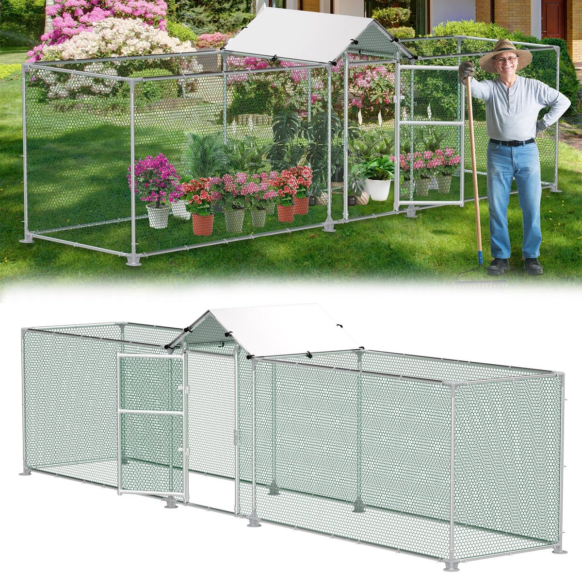 Aufun Kippenren - Kippenhok metaal - Kippenverblijf 5x1x1.5m - met vrije loopruimte en slot- voor kippen, vogels & kleine dieren