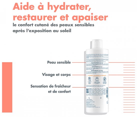 Witte fles Avene aftersun lotion, met tekst "Helpt hydrateren, herstellen en kalmeren" en "Gevoelige huid, gezicht en lichaam".